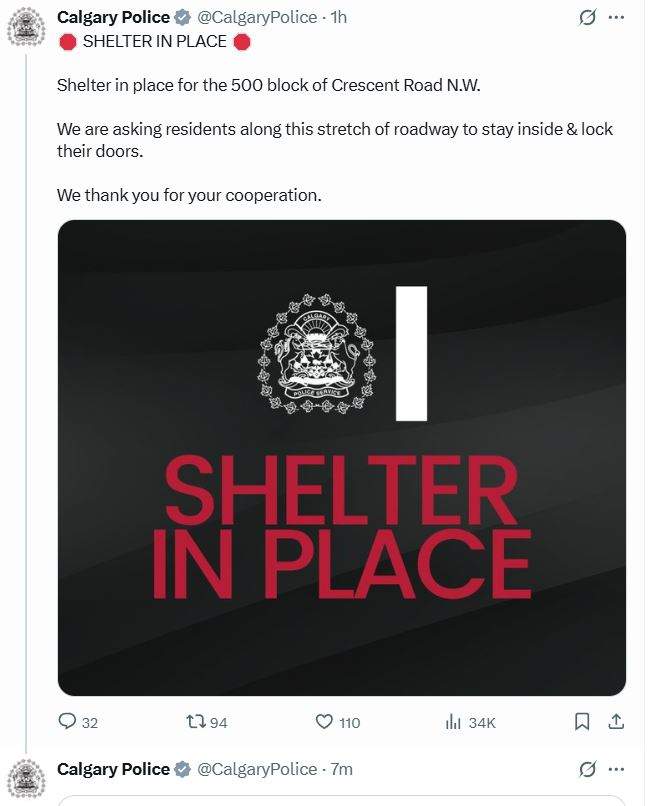 In a post on social media, Calgary police are asking people in the 500 block of Crescent Road northwest to stay inside and lock their doors.