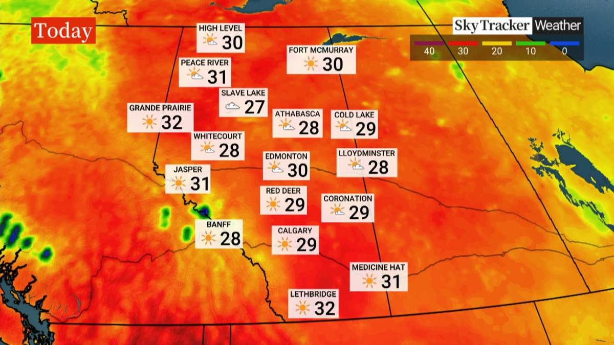 Environment Canada is forecasting a "long duration heat event" over much of Alberta for the next seven days, with temperatures expected in the range of 30 C in many areas.
