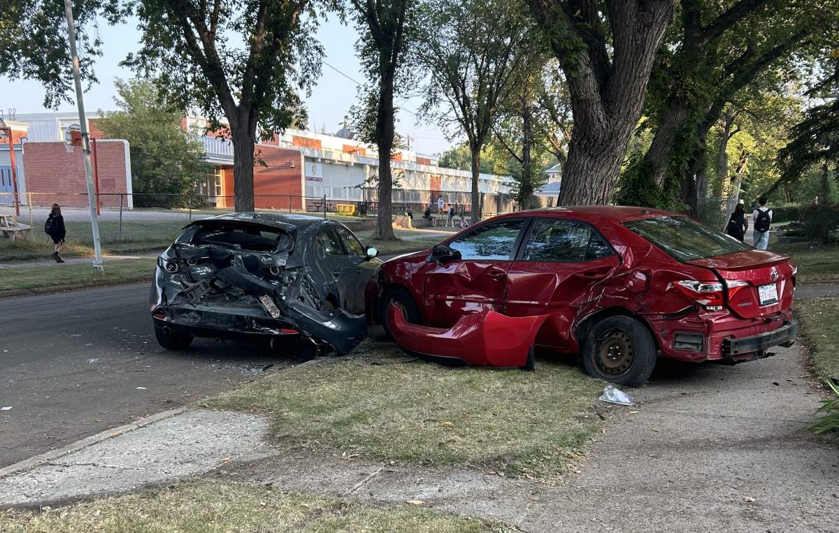 A truck smashed two cars in Edmonton's Forest Heights neighbourhood on Tuesday, Sept. 9, 2025.