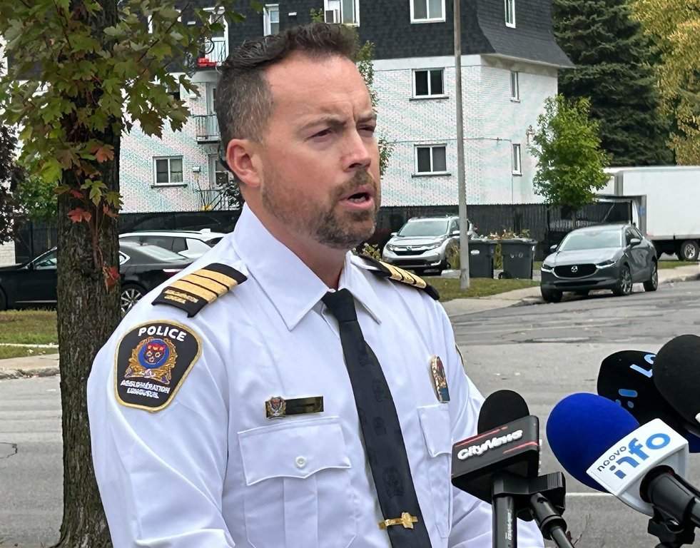 Insp. Gino Iannone speaks to reporters outside the Longueuil, Que., police headquarters south of Montreal on Friday Sept. 26, 2025. Iannone was urging calm ahead of planned protests this weekend in honour of slain 15-year-old Nooran Rezayi, killed during an intervention with police on Sunday.