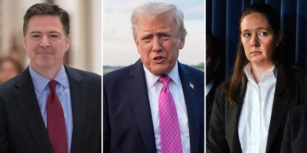 This photo combination shows, from left, former FBI Director James Comey in Washington, Dec. 7, 2018, President Donald Trump at Morristown Airport, Sept. 14, 2025, in Morristown, N.J., and Assistant U.S. Attorney Maurene Comey in New York, July 8, 2019.