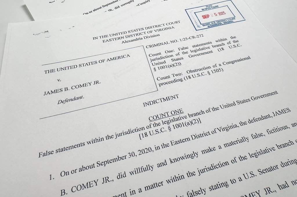 The indictment of former FBI director James Comey is photographed Thursday, Sept. 25, 2025, in Washington.