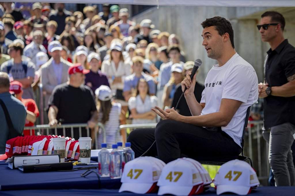 Charlie Kirk speaks before he is shot during Turning Point's visit to Utah Valley University in Orem, Utah, Wednesday, Sept. 10, 2025.