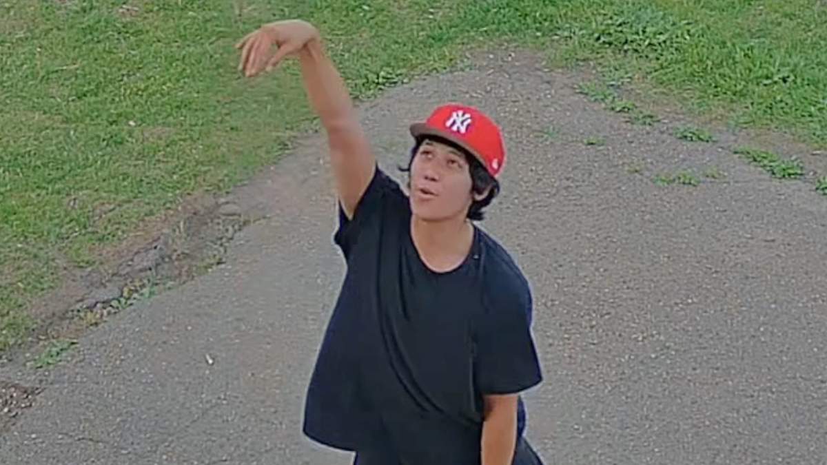 Darius Bigstone, 20, is wanted for arson after the playground at St. Pius X Catholic Elementary School in July 12, 2025.