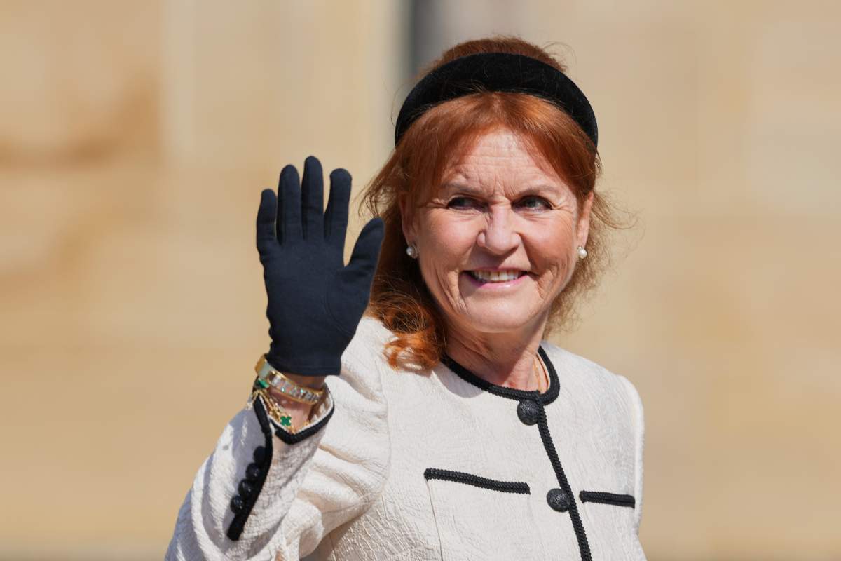 Sarah Ferguson waves the to the crowd was she attends the Easter Matins Service at St. George's Chapel, Windsor Castle, England, Sunday, April 20, 2025.