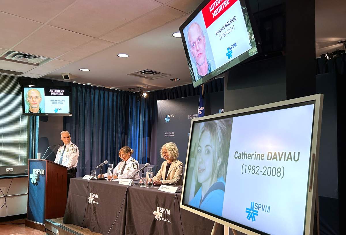 Montreal police Cmdr. Francois Sauve, left to right, Montreal police Cmdr. Melanie Dupont and Suzanne Marchand, senior executive director of the provincial crime lab, announce the resolution in the 2008 murder of Catherine Daviau during a news conference in Montreal, on Wednesday, Sept. 17, 2025.