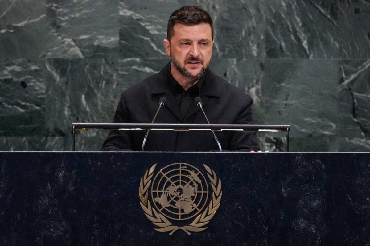 Ukraine President Volodymyr Zelenskyy addresses the 80th session of the United Nations General Assembly, Wednesday, Sept. 24, 2025.