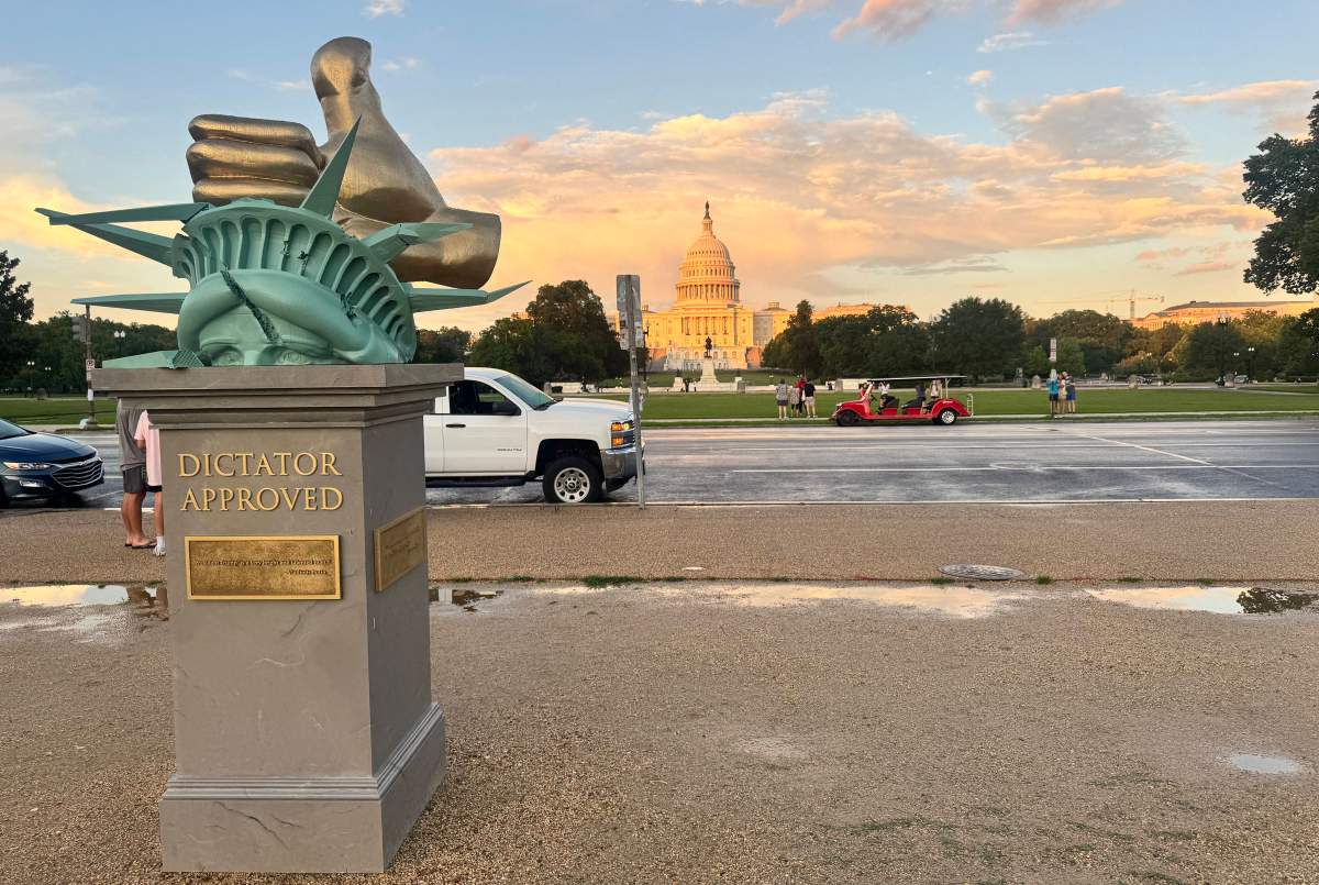 View of the Eight-foot-tall Dictator Approved sculpture at the National Mall in Washington, D.C. on June 18.