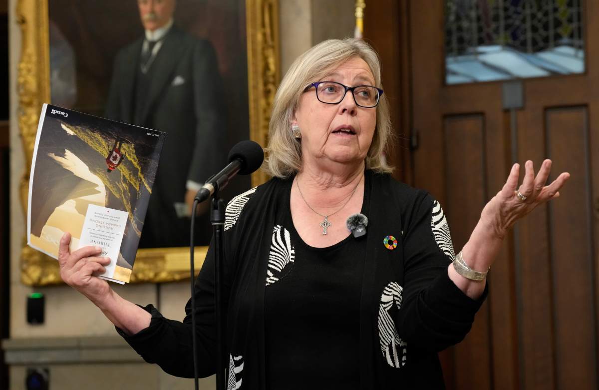 Green Party Leader Elizabeth May speaks with reporters in the Foyer of the House of Commons, Thursday, May 29, 2025 in Ottawa.