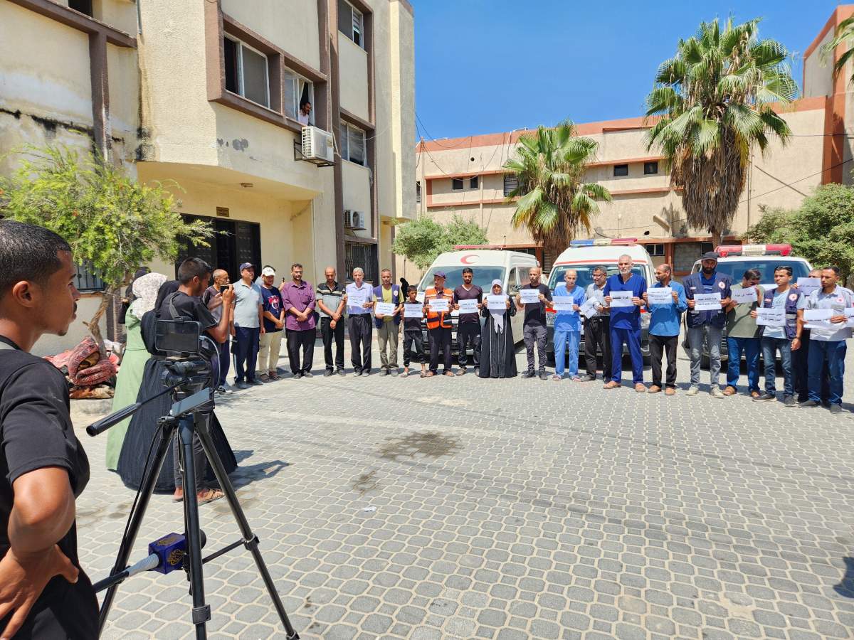 “Sound the alarm on starvation in Gaza” protest by healthcare workers at Nasser Hospital July 20, 2025. Courtesy: Deirdre Nunan