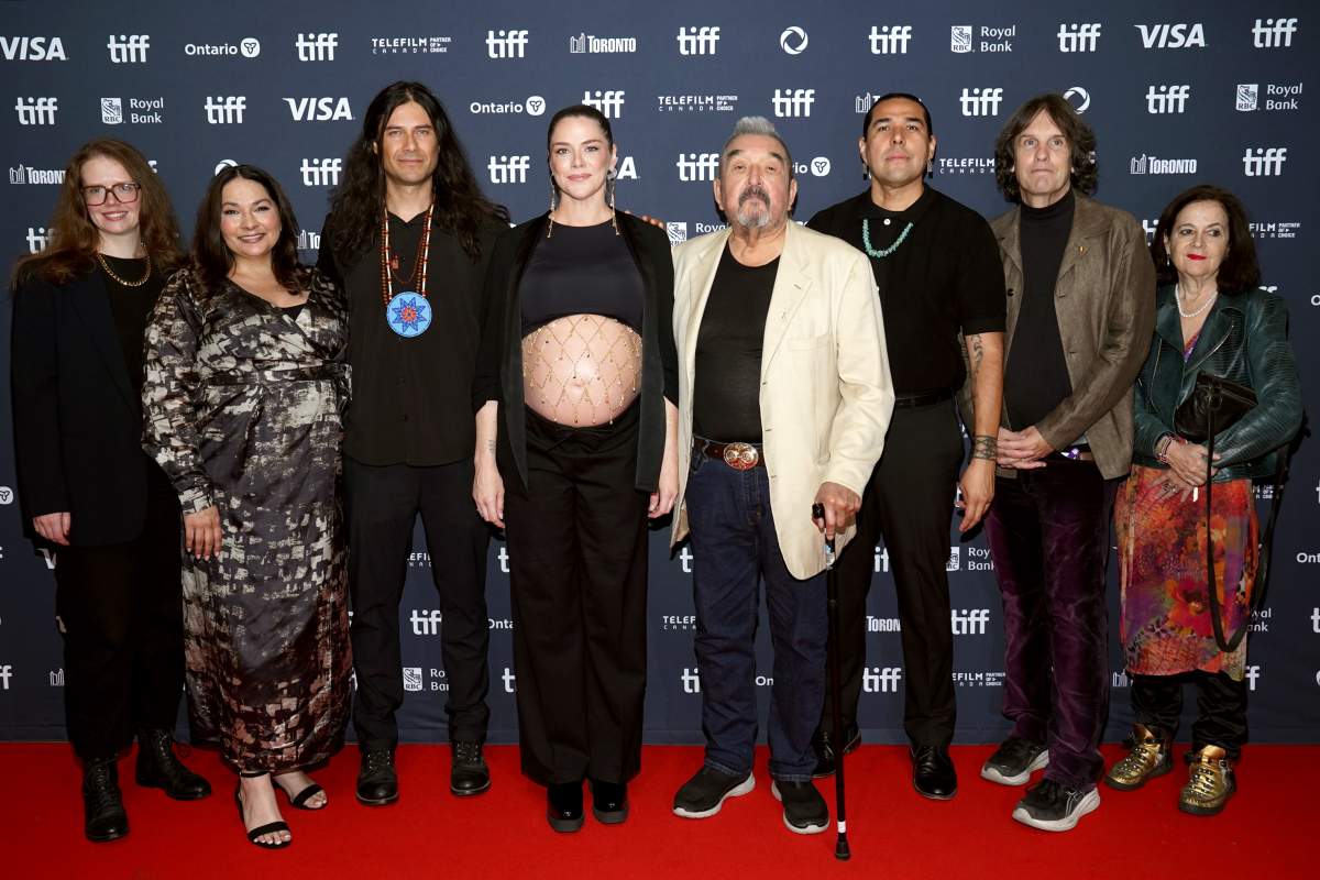(L-R) Lindsay Allikas, Eva Thomas, Meegwun Fairbrother, Kaniehtiio Horn, Graham Greene, Dallas Goldtooth, Leonard Farlinger and Jennifer Jonas attend the premiere of 'Seeds' during the 2024 Toronto International Film Festival at TIFF Lightbox on September 06, 2024 in Toronto, Ontario.