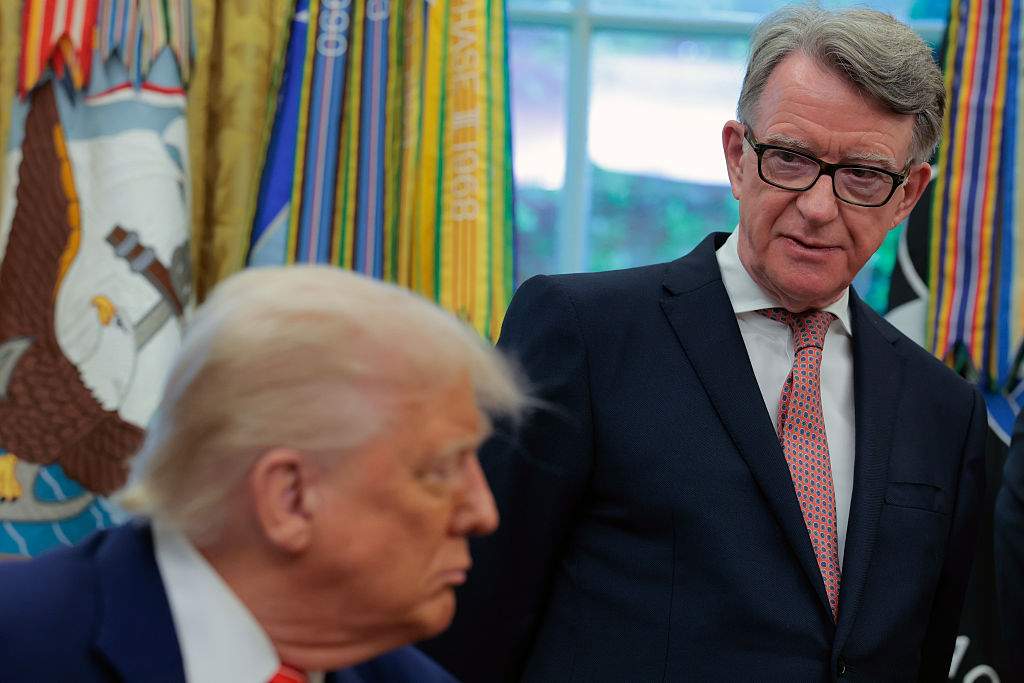 U.S. President Donald Trump along with Peter Mandelson, British Ambassador to the United States, addresses reporters in the Oval Office at the White House on May 08, 2025 in Washington, DC.