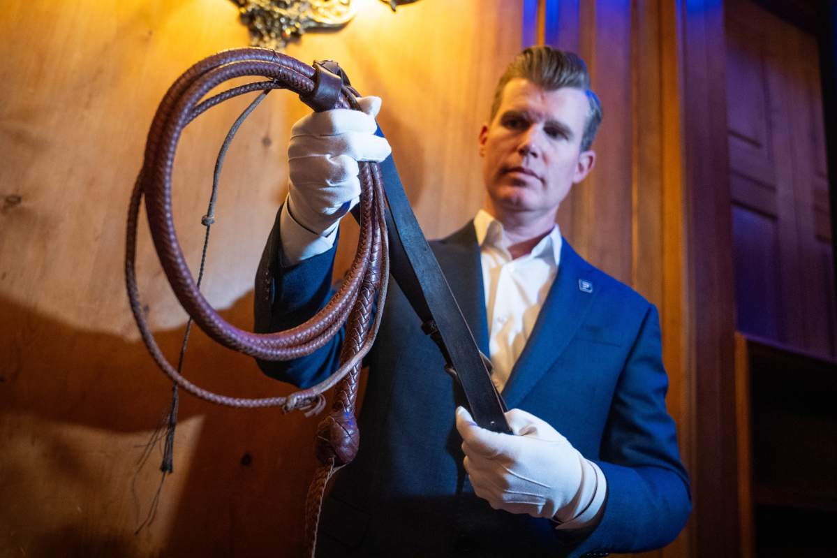 Indiana Jones' bullwhip and belt on display at The Dorcester in London ahead of an auction in Los Angeles in September 2025. Picture date: Wednesday August 6, 2025.
