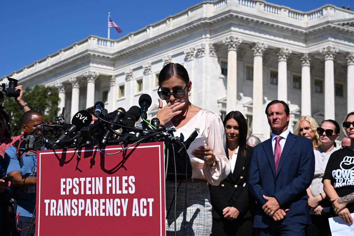 Chauntae Davies, accusers in the Jeffrey Epstein case, speaks during a press conference and rally in support of the victims of sex offender Jeffrey Jeffrey Epstein and his accomplice Ghislaine Maxwell outside the U.S. Capitol in Washington, DC on September 3, 2025.