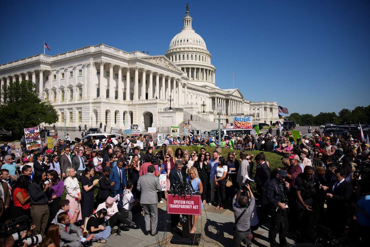 U.S. Rep. Thomas Massie (R-KY) and Rep. Marjorie Taylor Greene (R-SC) attend a news conference with alleged victims of disgraced financier and sex trafficker Jeffrey Epstein outside the U.S. Capitol on September 03, 2025 in Washington, DC.