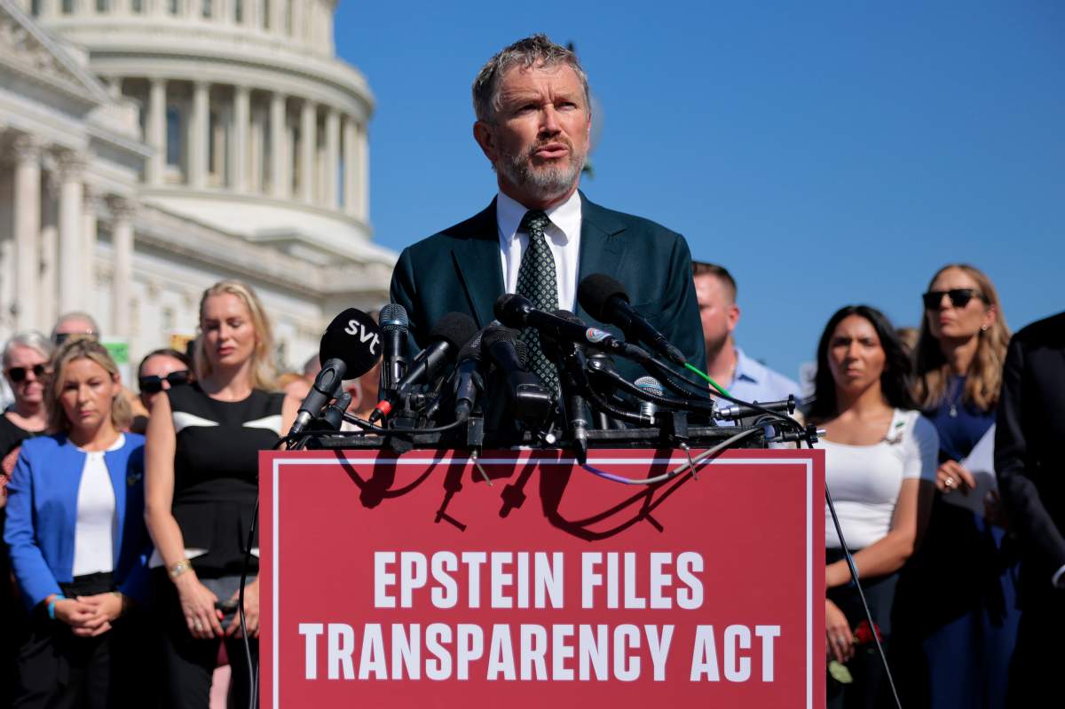 Rep. Thomas Massie (R-KY) speaks during a news conference with alleged victims of disgraced financier and sex trafficker Jeffrey Epstein outside the U.S. Capitol on September 03, 2025 in Washington, DC.