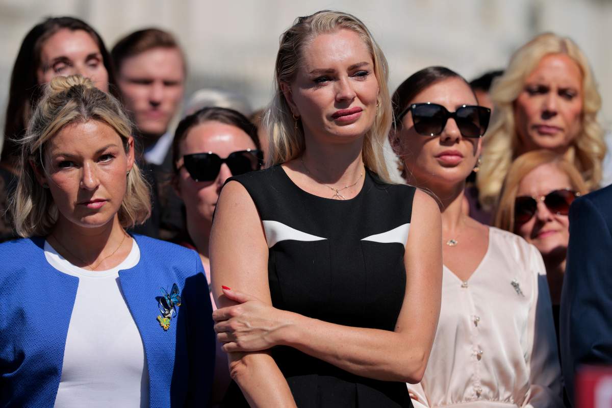 Survivors including Anouska De Georgiou (C) look on during a news conference with alleged victims of disgraced financier and sex trafficker Jeffrey Epstein outside the U.S. Capitol on September 03, 2025 in Washington, DC.