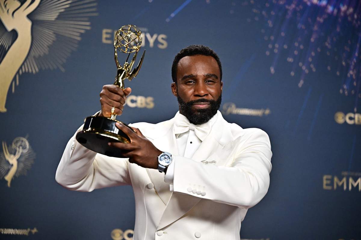 Actor Tramell Tillman poses in the press room with the award for Outstanding Supporting Actor in a Drama Series for 'Severance' during the 77th Primetime Emmy Awards at the Peacock Theatre at LA Live in Los Angeles on September 14, 2025.