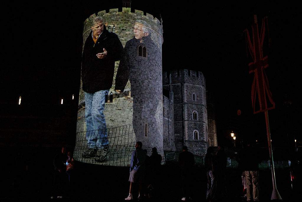 Political campaign group Led By Donkeys project an image of Prince Andrew and convicted paedophile Jeffrey Epstein onto Windsor Castle as US President Trump's second state visit to the UK begins on 16th September 2025 in Windsor, United Kingdom.