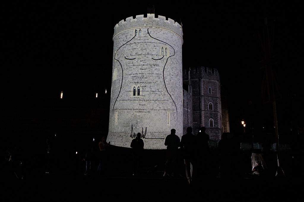 Political campaign group Led By Donkeys project an image of a nude woman which Democrats claim Donald Trump sent to Jeffrey Epstein over 20 years ago onto Windsor Castle as US President Trump's second state visit to the UK begins on 16th September 2025 in Windsor, United Kingdom. President Trump has denied having sent the drawing.