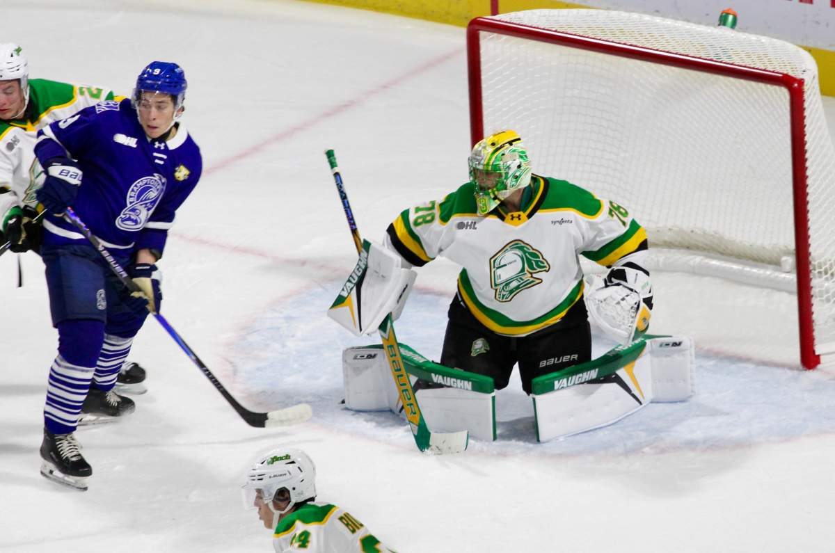 Aleksei Medvedev makes a save in the London Knight net in his return to the London lineup on Sept. 26, 2025.