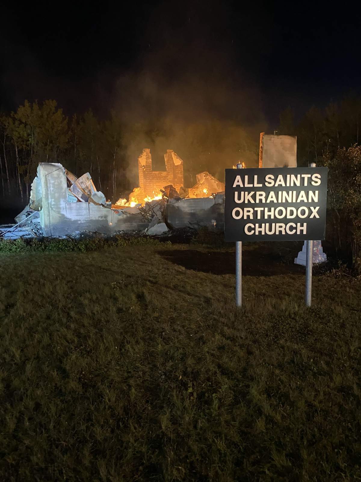 All Saints Ukrainian Orthodox Parish of Bellis, Alta. after the fire in September 2025.