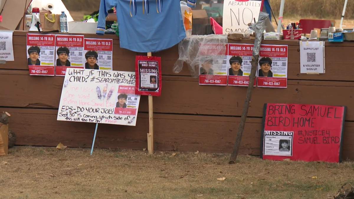 A command post at the Dawson Park boat launch in Edmonton's river valley for volunteers searching for Samuel Bird, a 14-year-old who has been missing since June 1, 2025. Photo taken Sept. 8, 2025.