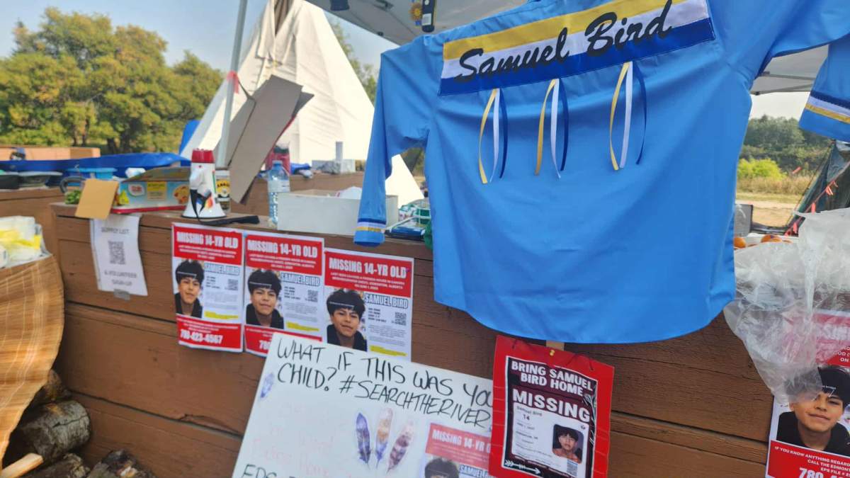 A command post at the Dawson Park boat launch in Edmonton's river valley for volunteers searching for Samuel Bird, a 14-year-old who has been missing since June 1, 2025. Photo taken Sept. 8, 2025.