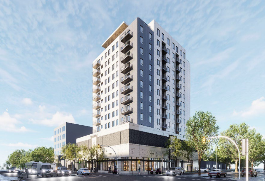A rendering of a 14-storey apartment tower along Broadway Avenue.