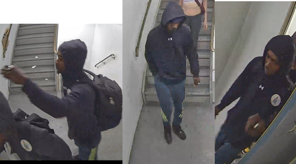 Images of a man in a apartment stairwell.