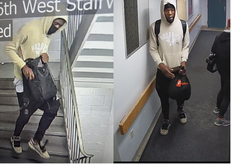 Images of a man in a apartment stairwell.