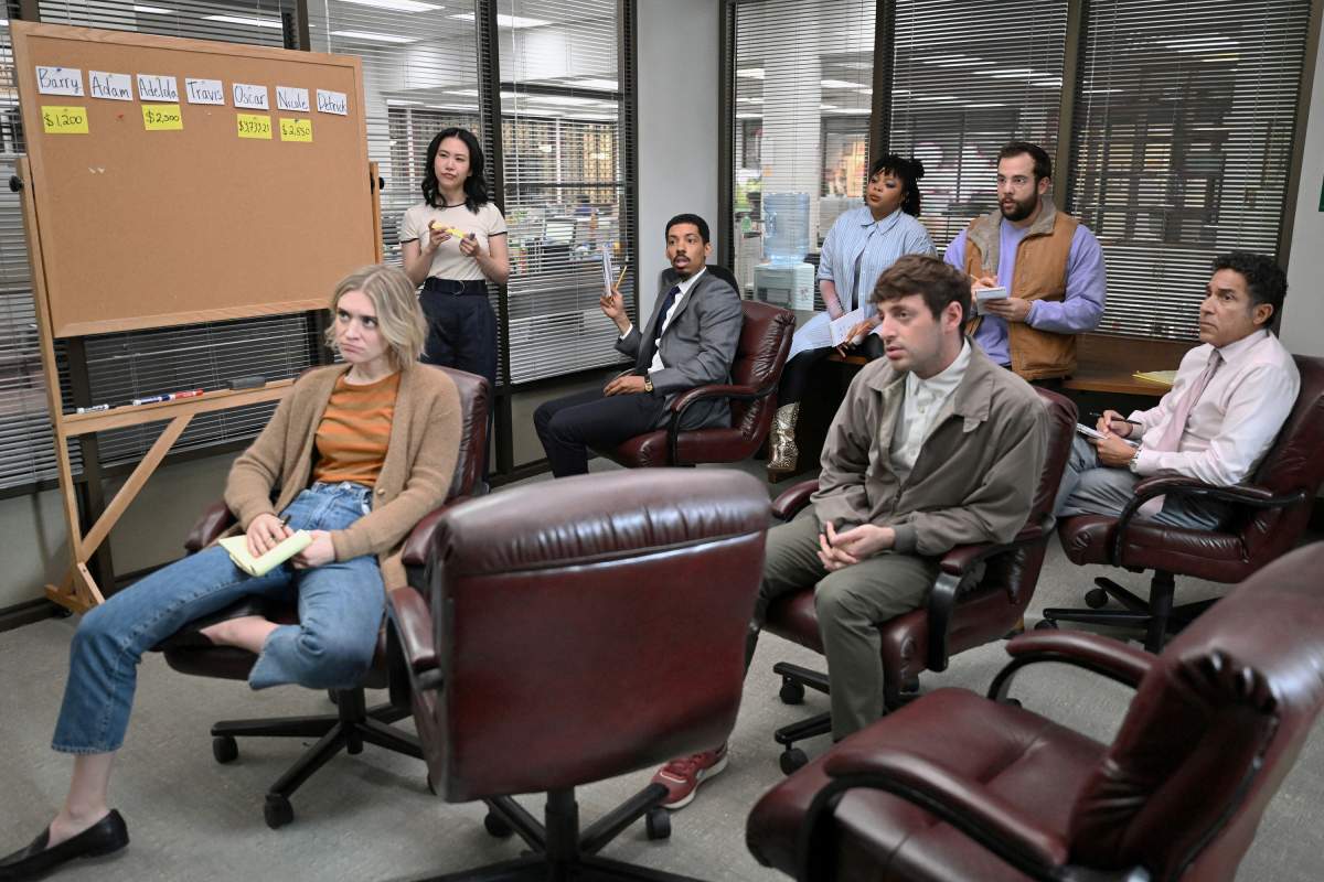 Pictured: (l-r) Chelsea Frei as Mare, Ramona Young as Nicole, Melvin Gregg as Detrick, Gbemisola Ikumelo as Adelola, Alex Edelman as Adam, Eric Rahill as Travis, Oscar Nunez as Oscar.
