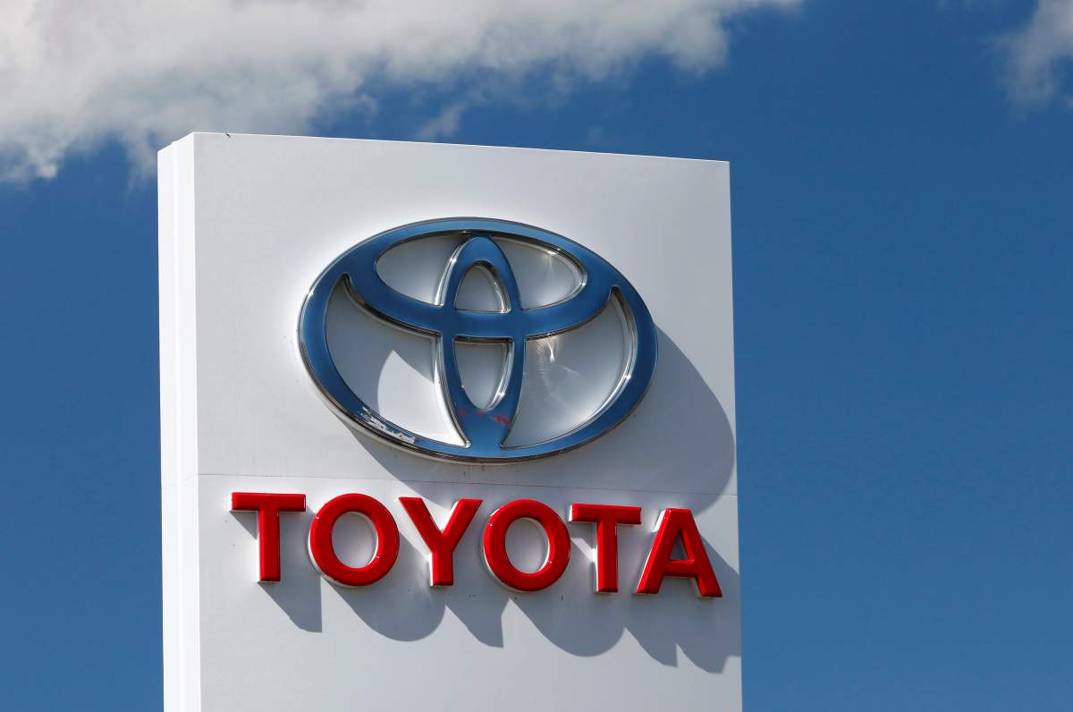 Toyota logo at a car dealership in Calgary, Alberta on Sunday, July 8, 2018.
