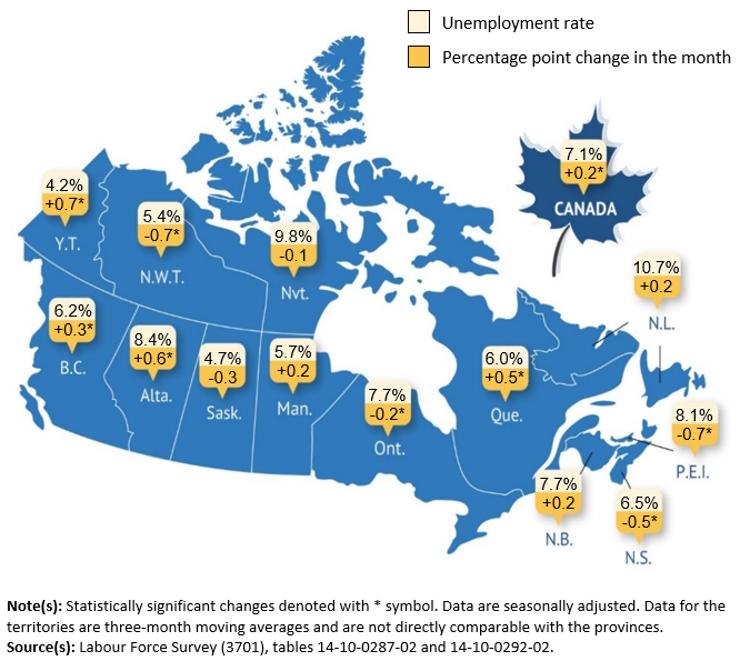 A map of unemployment rates across Canada