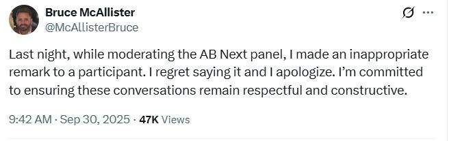 The moderator of Monday's Alberta Next town hall in Calgary, apologized in an online post, for suggesting a teenager's parents should spank him, when he tried to ask a question.