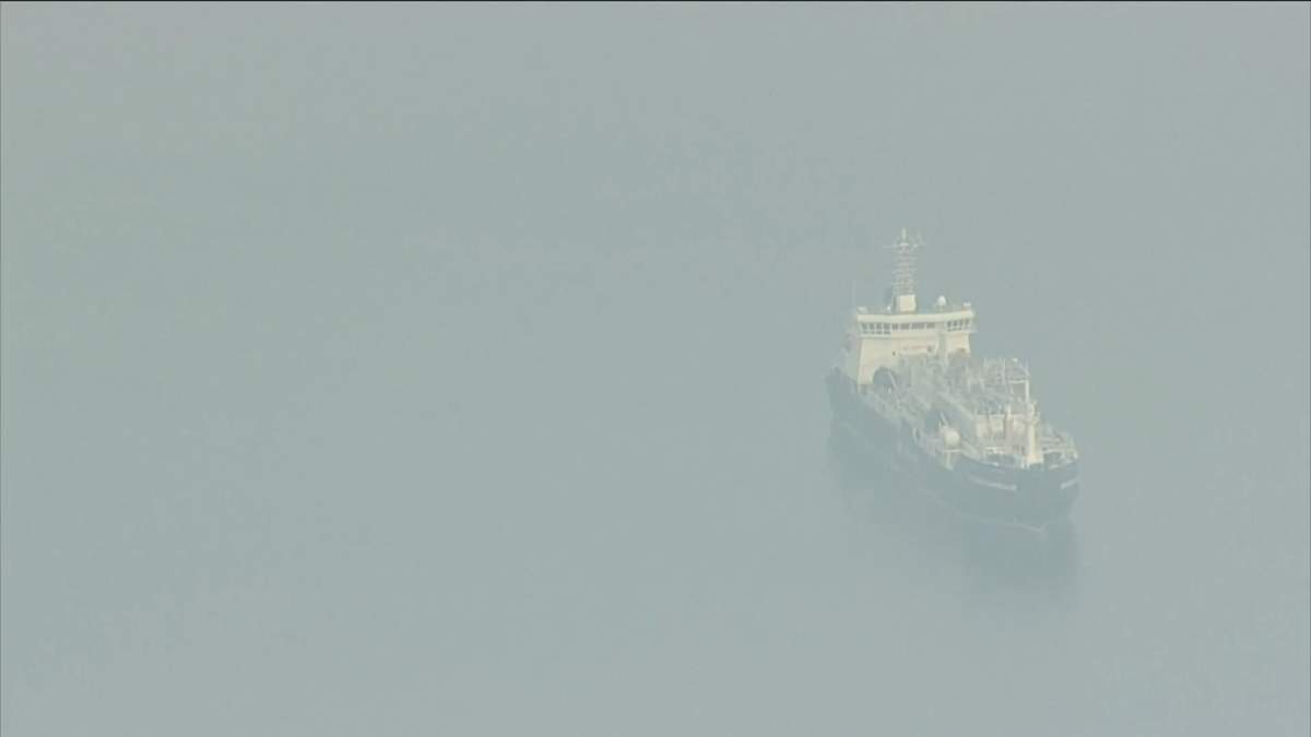 A ship on English Bay is barely visible through the heavy smoke Saturday morning in this shot from the Global News helicopter.