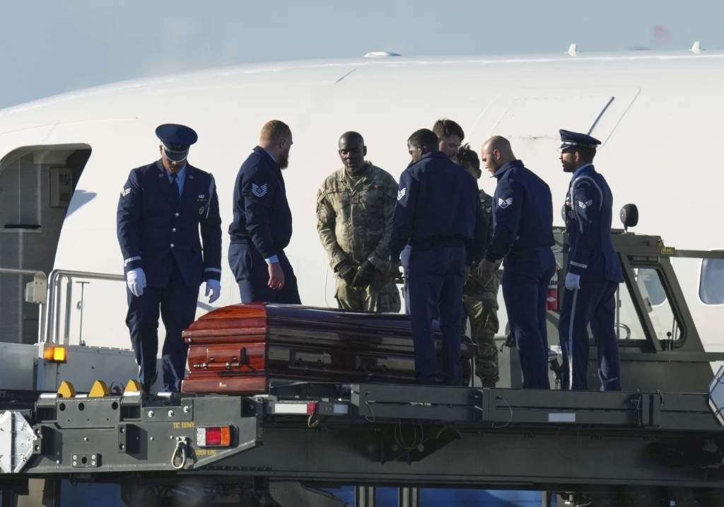 The casket containing the body of Charlie Kirk, the CEO and co-founder of Turning Point USA who was shot and killed on Wednesday, is removed from Air Force Two at Phoenix Sky Harbor International Airport, Thursday, Sept. 11, 2025 in Phoenix.