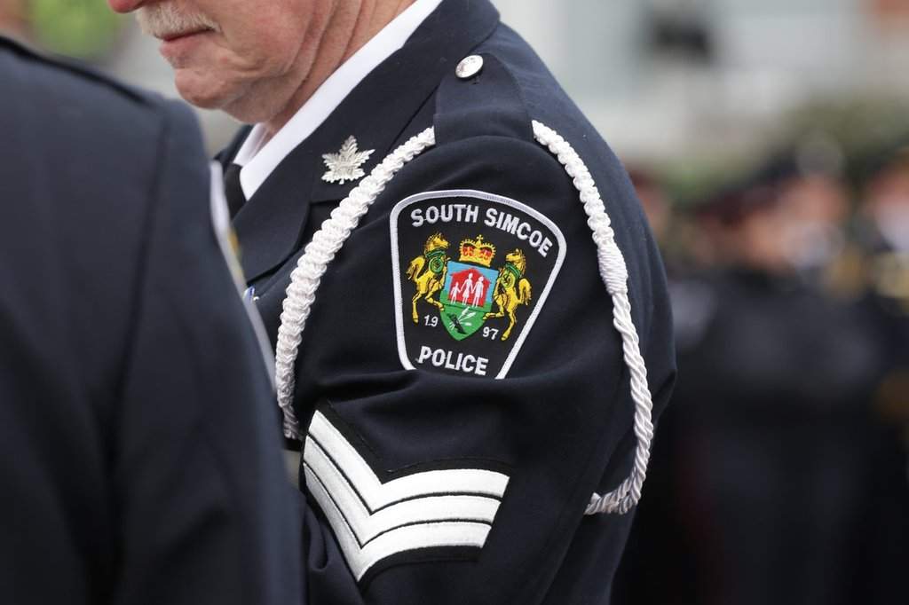 A South Simcoe police logo is seen on a police officer on Thursday October 20, 2020. 