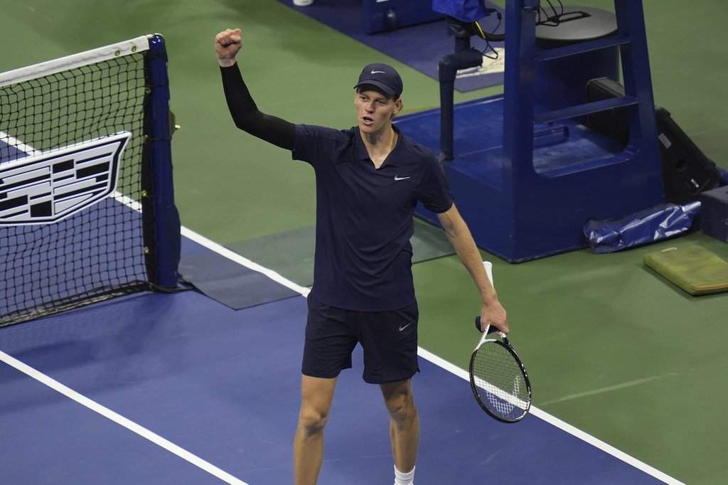 Jannik Sinner, of Italy, reacts after defeating Felix Auger-Aliassime, of Canada, during the men's singles semifinals of the U.S. Open tennis championships, Friday, Sept. 5, 2025, in New York.