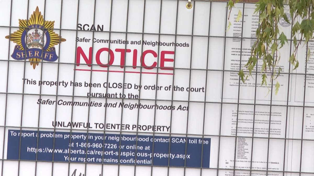 A sign posted outside a Lethbridge drug house explains that it has been shut down by the Alberta Sheriff's Safer Communities and Neighbourhoods (SCAN) unit.