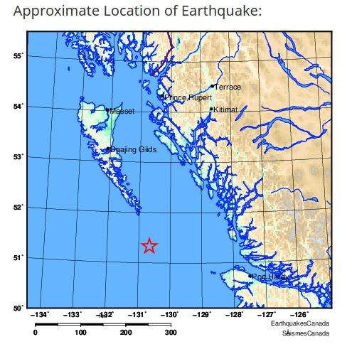 A map from Earthquakes Canada shows the location of the magnitude 4.8 earthquake that occurred Sunday morning off B.C.'s central coast.