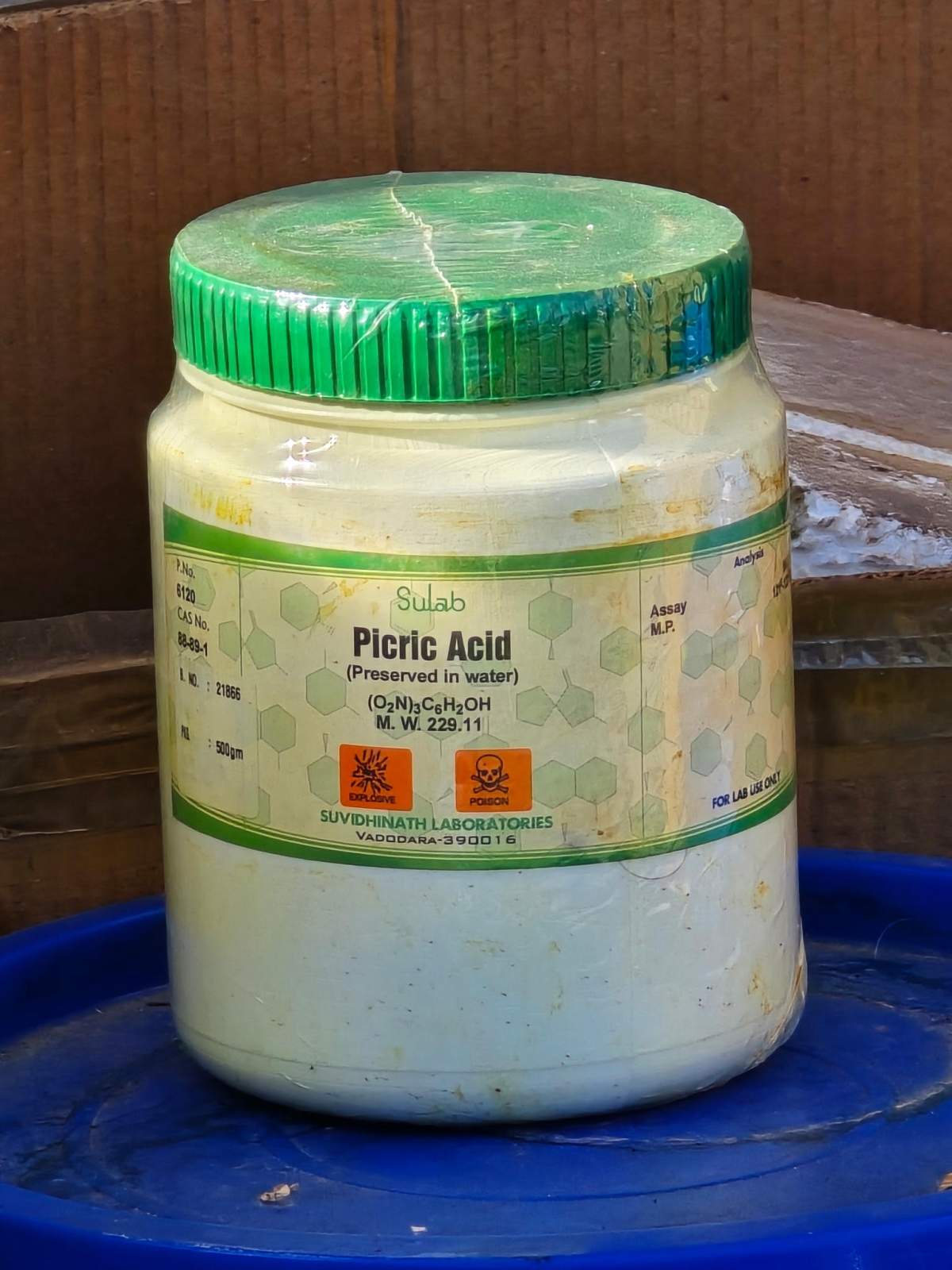 One of the bottles of picric acid allegedly discovered by Adam O’Keefe, who runs Alberta Pro Movers.