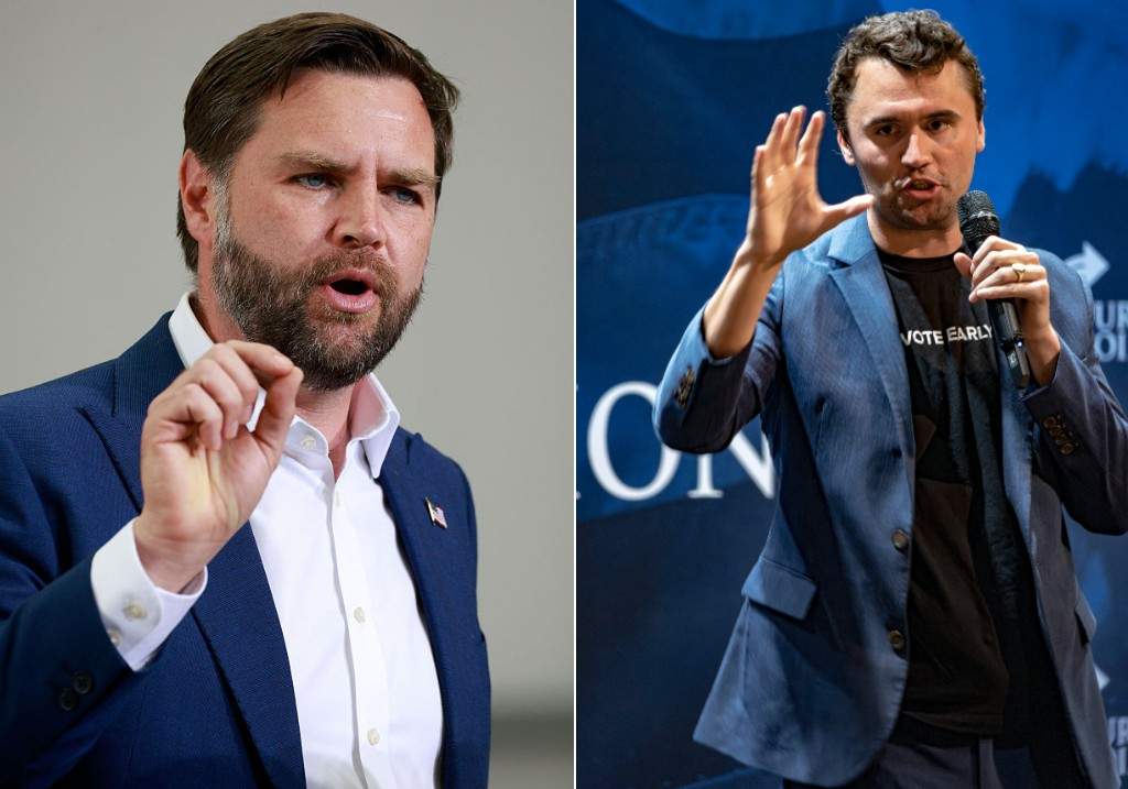 (L-R:) US Vice President JD Vance speaks to US service personnel and family members of the 501st combat support wing at RAF Fairford, UK, on Aug. 13, 2025 and Charlie Kirk, founder of Turning Point Action, speaks during a meeting on the campus of the University of Arizona on Oct. 17, 2024.