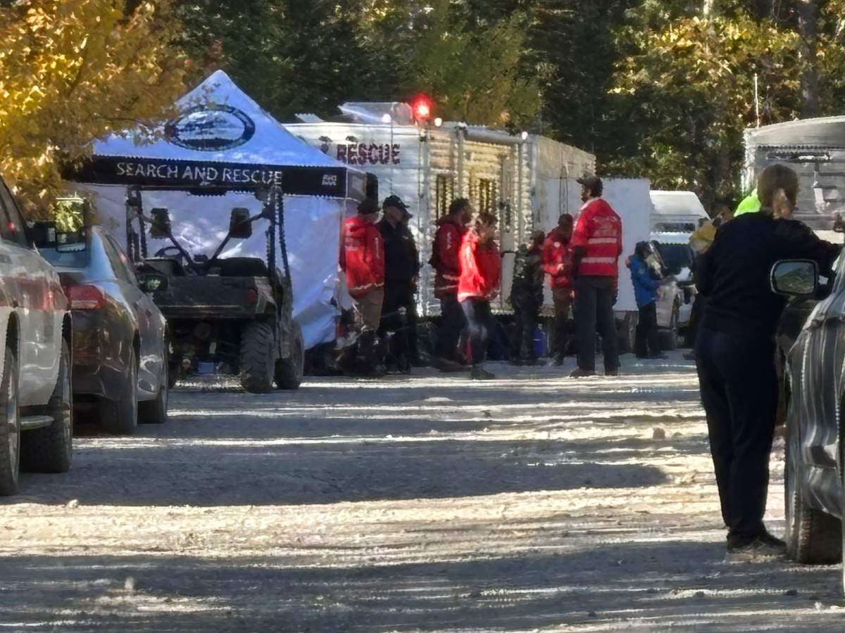 A photo of the staging area, near Island Lake campground, in southwestern Alberta, where about 120 search and rescue members are looking for a 6-year-old Lethbridge boy who went missing on Sunday.