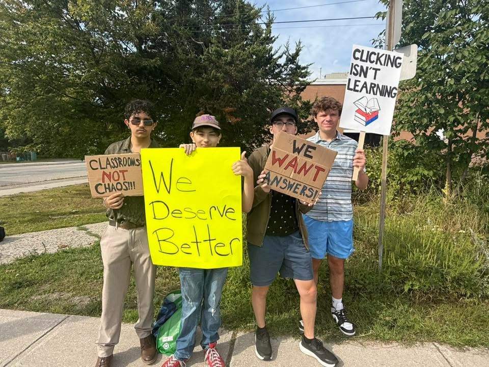 High school students in Parry Sound protesting having to learn online amid construction delays.