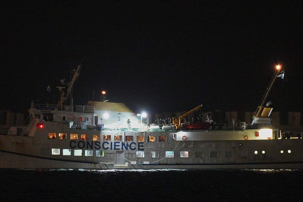 One of the boats from the civilian Gaza-bound Freedom Flotilla Coalition and Thousand Madleens to Gaza, enters Ashdod Port in southern Israel, after being seized by Israeli Navy forces, Wednesday, Oct. 8, 2025. 
