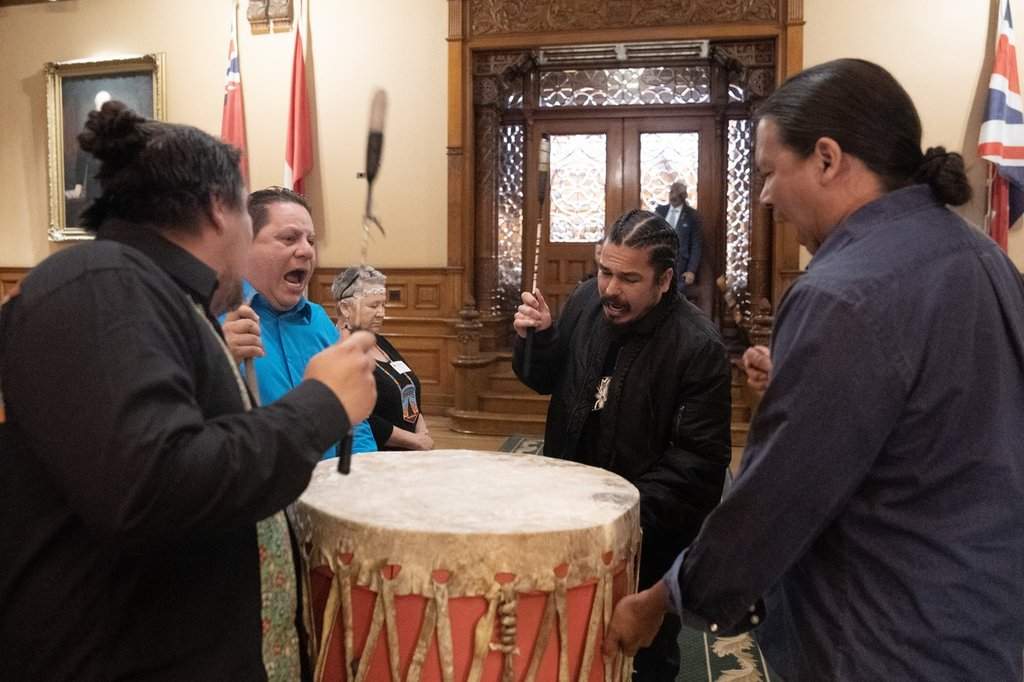 Indigenous drummers from Toronto supporting the Garden River First Nation — one of the First Nations that challenged lawyers' fees in the Robinson Huron Treaty settlement — perform at the entrance of Ontario Legislature as they bring their historical land claim to Queen's Park in Toronto on Thursday, May 18, 2023.
