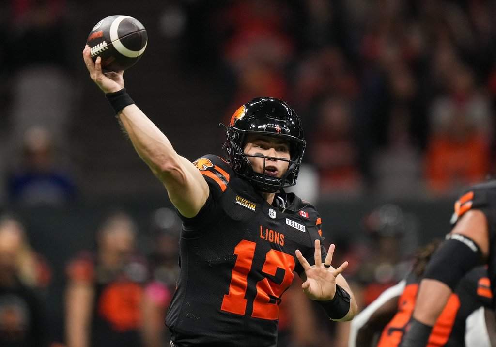 B.C. Lions quarterback Nathan Rourke passes during the first half of a CFL football game against the Edmonton Elks, in Vancouver, on Friday, Oct. 17, 2025. THE CANADIAN PRESS/Darryl Dyck.