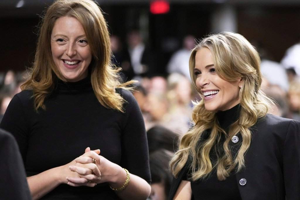 FILE - Dr. Casey Means, a wellness influencer, left, and journalist Megyn Kelly attend a confirmation hearing for Robert F. Kennedy Jr. for the Secretary of Health and Human Services post, at the Capitol in Washington, Jan. 29, 2025. (AP Photo/Ben Curtis, File).