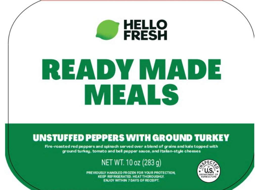 This image provided by U.S. Agriculture Department shows Hello Fresh Ready Made Meals Unstuffed Peppers with Ground Turkey, where Federal health officials late Monday, Oct. 6, 2025, warned people not to eat certain subscription meal kits containing spinach that may be contaminated with listeria and identified with Est. P-47718 and lot codes 50069, 50073 or 50698.(U.S. Agriculture Department via AP).